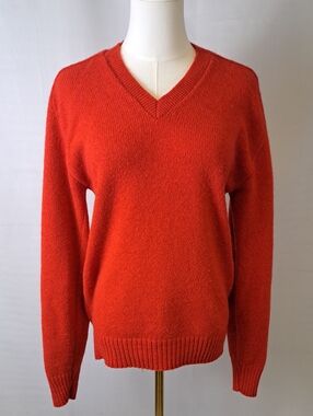 VTG USA Fall River Knitting Mill Shetland Wool Blend Tomato Red V-Neck Sweater M